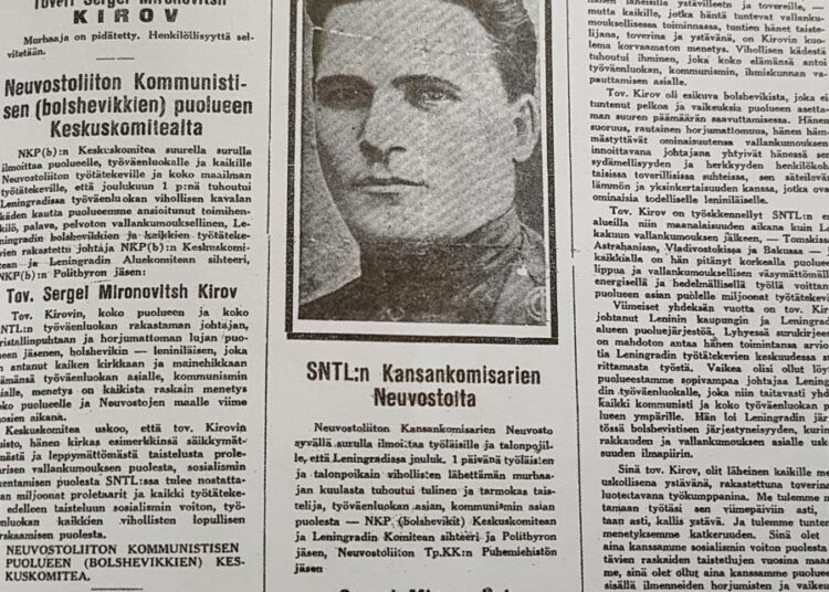 Punainen Karjala uutisoi Sergei Kirovin murhasta 2.12.1934. Kirjan kuvitusta.