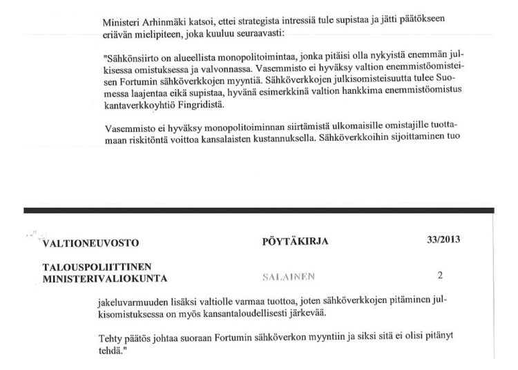 Ministeri Paavo Arhinmäen eriävä mielipide talouspoliittisessa ministerivaliokunnassa.