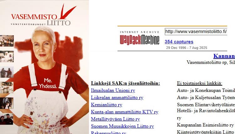 Kuva 1. Vasemmistoliitto korosti lähes kahden vuosikymmenen ajan olevansa perinteinen työväenpuolue. Vaalijulisteessa vuodelta 2003 puheenjohtaja, valtiotieteiden lisensiaatti Suvi-Anne Siimes, on pukeutunut haalareihin. Julisteessa logon vihreä väri on korvattu harmaalla. Puolueen verkkosivuilla näkyvässä roolissa oli linkkilista. Puolueeseen liittyvien linkkien lisäksi keskeisessä asemassa olivat linkit ammattiliittoihin. Muita puolueen ulkopuolisia järjestöjä ei nähty tarpeelliseksi linkittää. Vasemmistoliiton vanhoja nettisivuja voi selailla Internet-arkistossa https://web.archive.org/