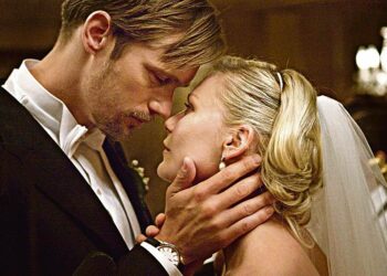 Justine ja Michael viettävät hääjuhlaa linnassa, kun planeetta Melancholia lähestyy uhkaavasti maapalloa. Kuvassa Alexander Skarsgård ja Kirsten Dunst.