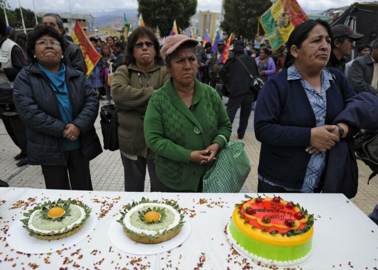 Bolivialaisnaiset juhlivat maan kokapolitiikan voittoa maanantaina La Pazissa kokapensaan lehdillä koristelluilla leivonnaisilla.