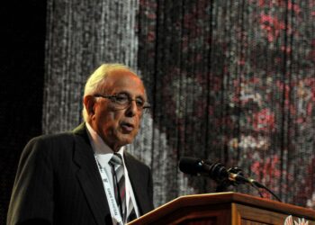 Ahmed Kathrada puhumassa Nelson Mandelan hautajaisissa joulukuussa 2013.