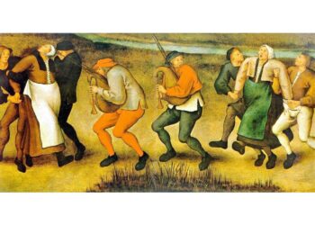 Pieter Brueghel nuoremman (1564–1638) maalaus tanssimaniasta Molenbeekissa (vas.).