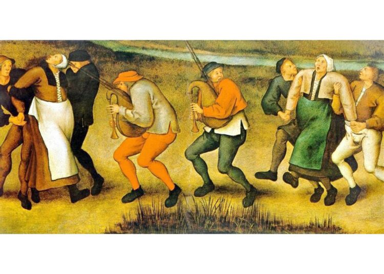 Pieter Brueghel nuoremman (1564–1638) maalaus tanssimaniasta Molenbeekissa (vas.).