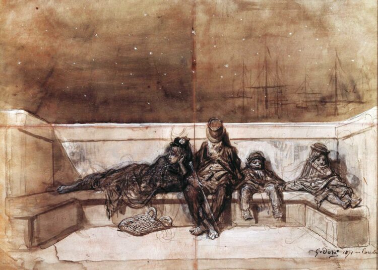 Gustave Dorén piirros 1800-luvun kodittomista London Bridgellä.