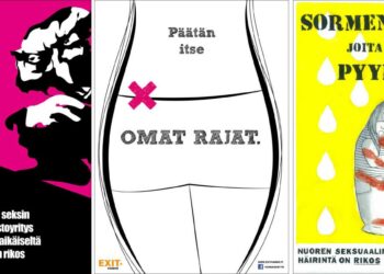 Voittajatyöt vasemmalta: Joni Röngän "Sinä et ole kauppatavaraa 1", nimimerkki NA:n "Omat rajat - Päätän itse" ja Vilja Tuohinon "Sormenjäljet, joita ei voi pyyhkiä."