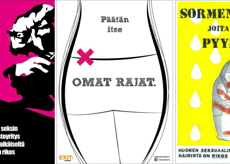 Voittajatyöt vasemmalta: Joni Röngän "Sinä et ole kauppatavaraa 1", nimimerkki NA:n "Omat rajat - Päätän itse" ja Vilja Tuohinon "Sormenjäljet, joita ei voi pyyhkiä."