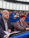 Europarlamentaarikko Jussi Saramo (LEFT/Vas.) parlamentin täysistunnossa lokakuussa 2026.