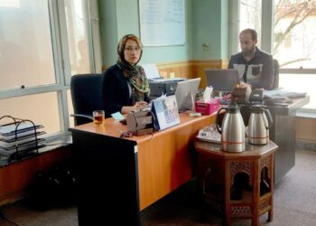 Marzia työpaikallaan kollegansa Alireza Habibin kanssa. Marzian mukaan tämä kollega on aina kohdellut häntä arvostavasti toisin kuin monet muut.