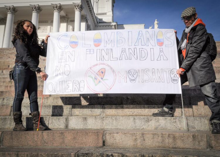 David Hassidoffin ja Maribel Hernándezin kyltissä lukee ”Suomen kolumbialaiset, en halua Monsantoa”
