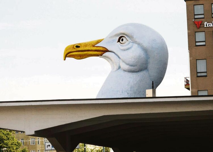 Monsterilintu. Taiteilija Villu Jaanisoon kuusimetrinen Lokki sai pesäpaikan tiistaina, Helsinki-päivänä kaupungin taidemuseon HAMin sisäänkäynnin lipalta. Pienempiä lokkeja löytyy kauppatorilta.